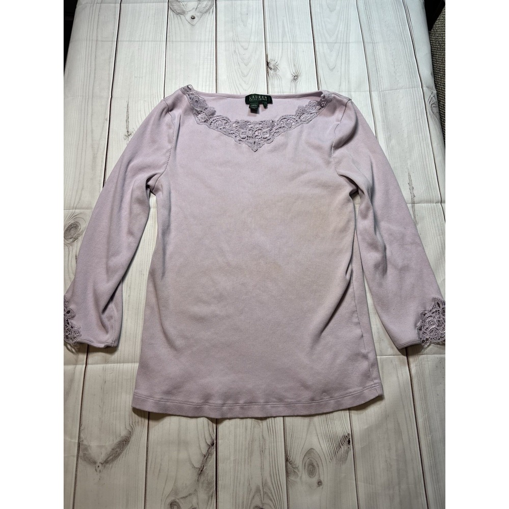 Lauren Ralph Lauren Lavender Purple Long Sleeve Lace Trim Top Large